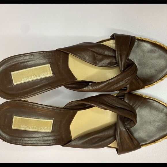 Michael Kors Chocolate Brown Leather Espadrille/Jute Wedge Sandals Size 10 - Picture 4 of 8